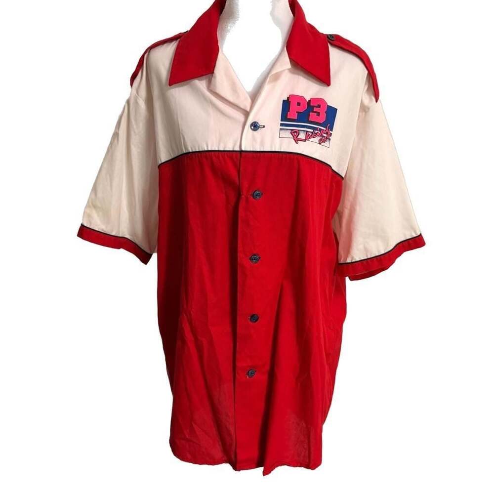 Vintage King Louie Red White Racing Bowling Camp Shirt USA Made Large
